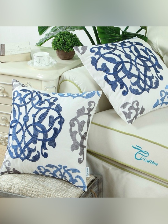 Other - Set of 2 Decorative Throw Pillow Covers 16x16 Blue Gray Embroidered Zipper